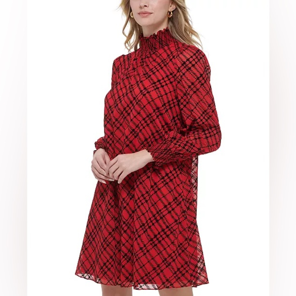 Tommy Hilfiger red and black plaid Smocked-Neck Chiffon Dress Size 4
